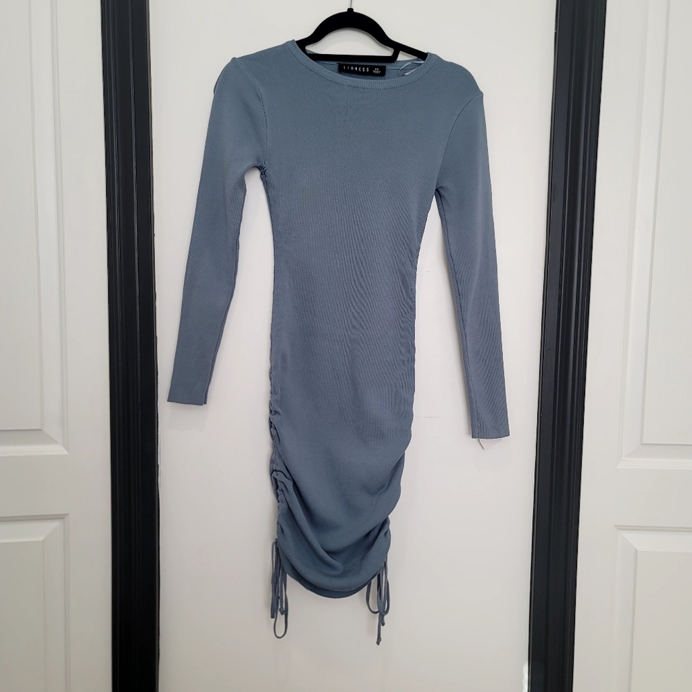 Lioness Blue Military Minds Ruched Mini Dress Size XS Long Sleeve Bodycon - Picture 3 of 17